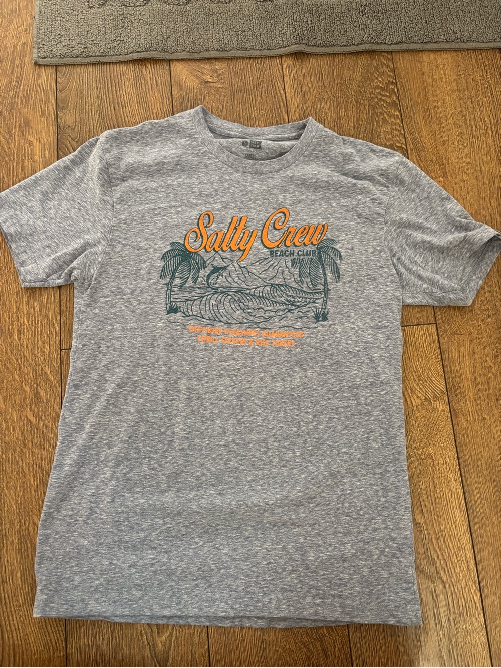 Salty Crew Gray Heather Tee with Orange & Teal Graphic. Women's Small
